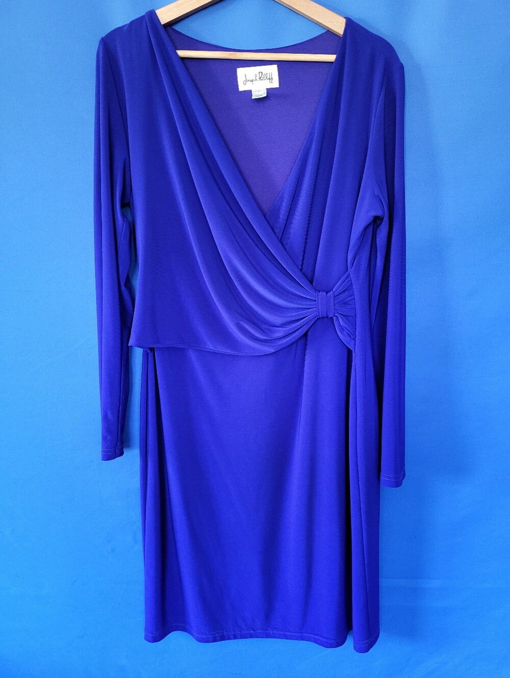 Joseph Ribkoff Size 14 Royal Blue Faux Wrap Long Sleeve V Neck Dress